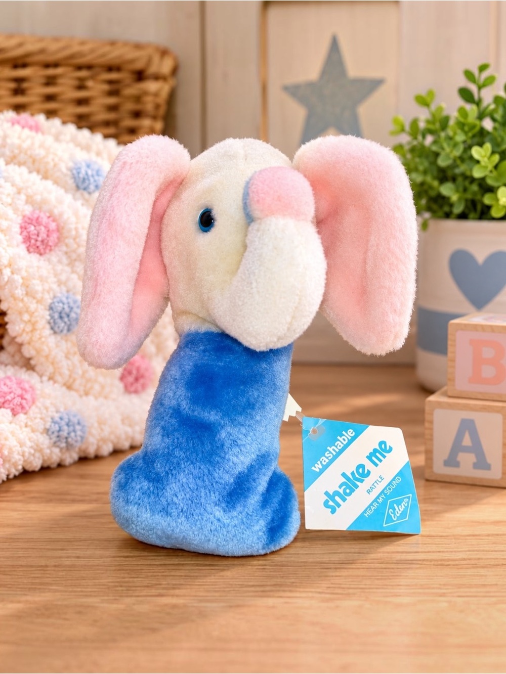 Vintage Eden Toys Elephant Plush Baby Rattle Pink Blue Korea Paper Tag 7”